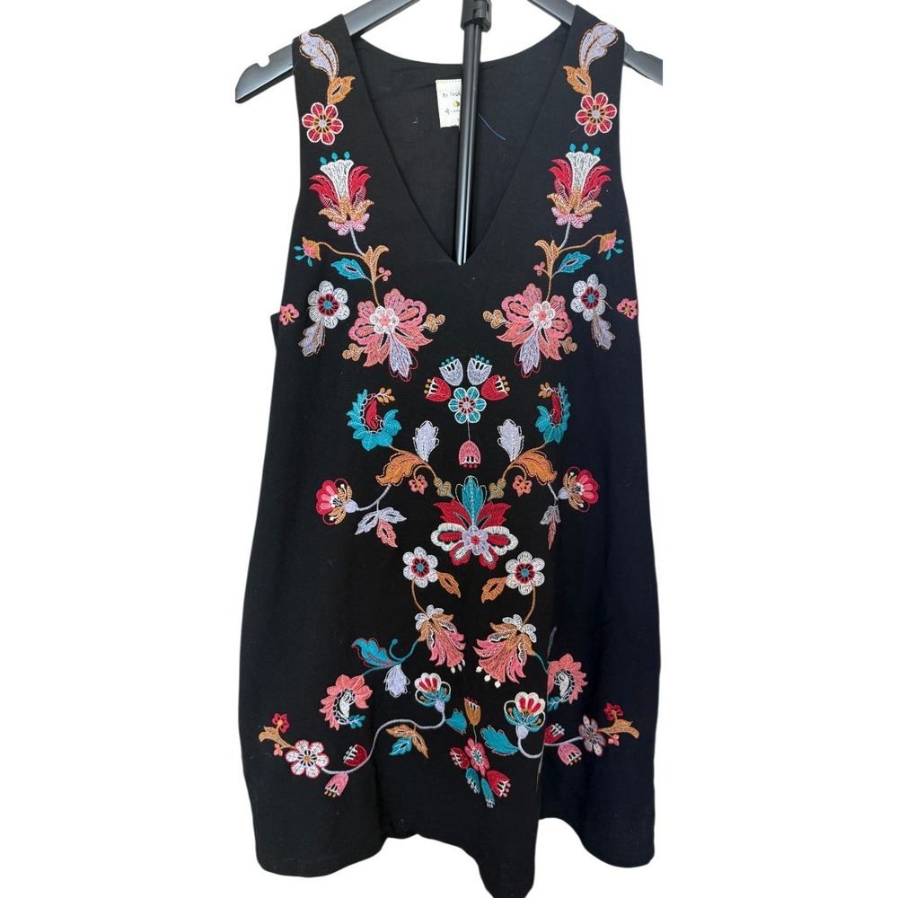 Y2K Dark Boho Folk Floral Embroidered Song Dress Black Sleeveless V Neck Mini S
